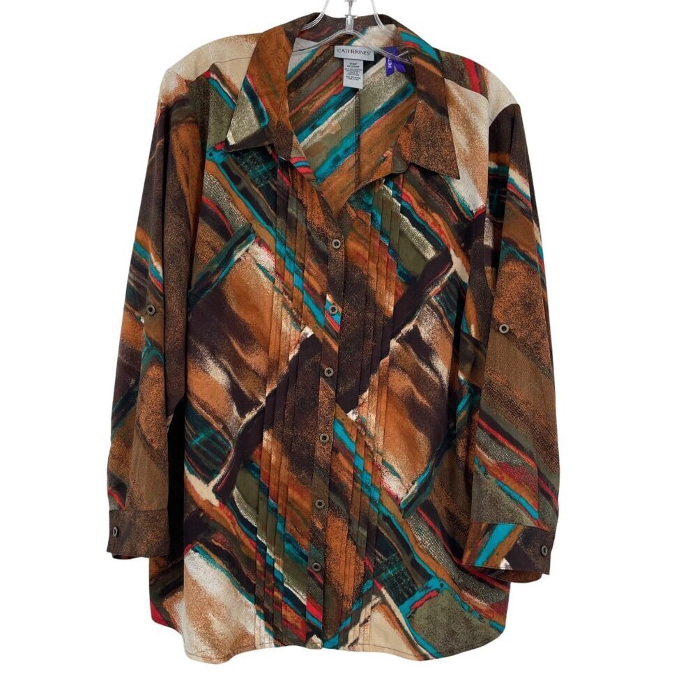 Catherines Multi Color Pleated Button Front Roll Tab Sleeves Women's 1XWP